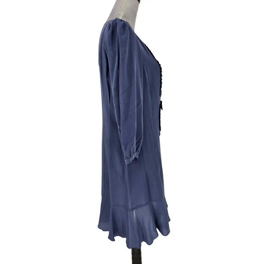 Nanette Lepore Dress Womens 8 Blue Silk Ruffle Front Back Zip Bow Gypsy Colt New